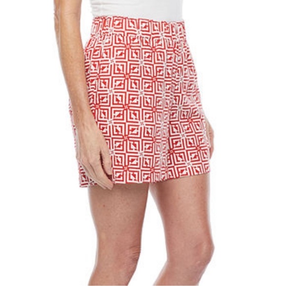 Liz Claiborne New High Waist Flat Front Geometric Red White Shorts XL LINEN - Picture 2 of 7